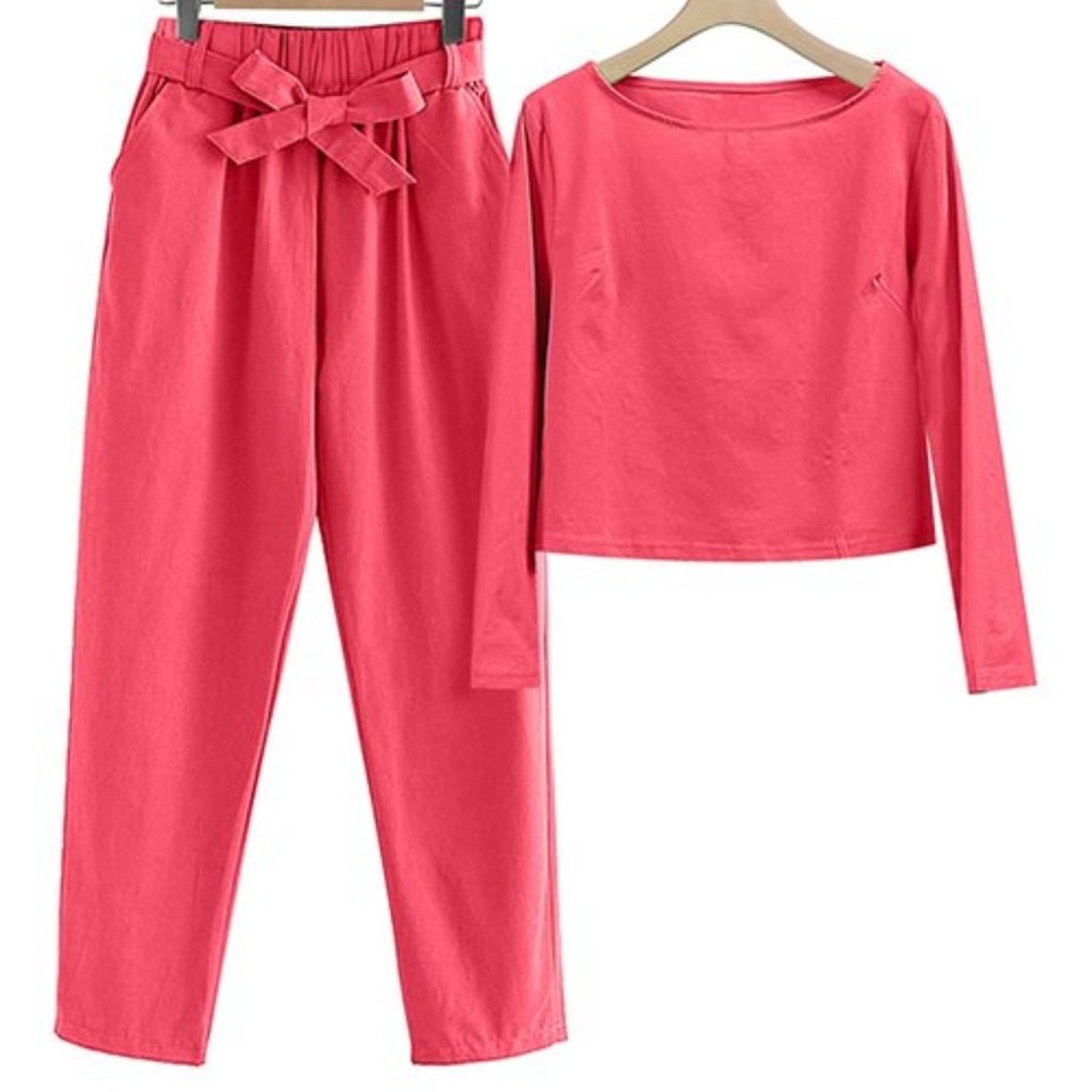 Red-Orange Long-Sleeve Boatneck Top & Tie-Front Harem Pants Set